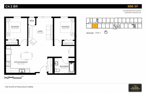 Floor plan for 2 beds, 1 bath, 886 sqft